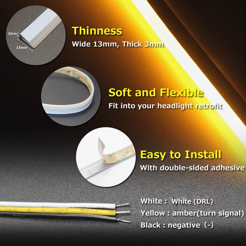 OPP ULITE White Amber Switchback Led Strip Lights, White DRL Amber Sequential Flowing Turn Signal Light, 114 PCS Led Chip Waterproof Car Flexible Tube Easy Paste Install, 2PC Pack - Image 3